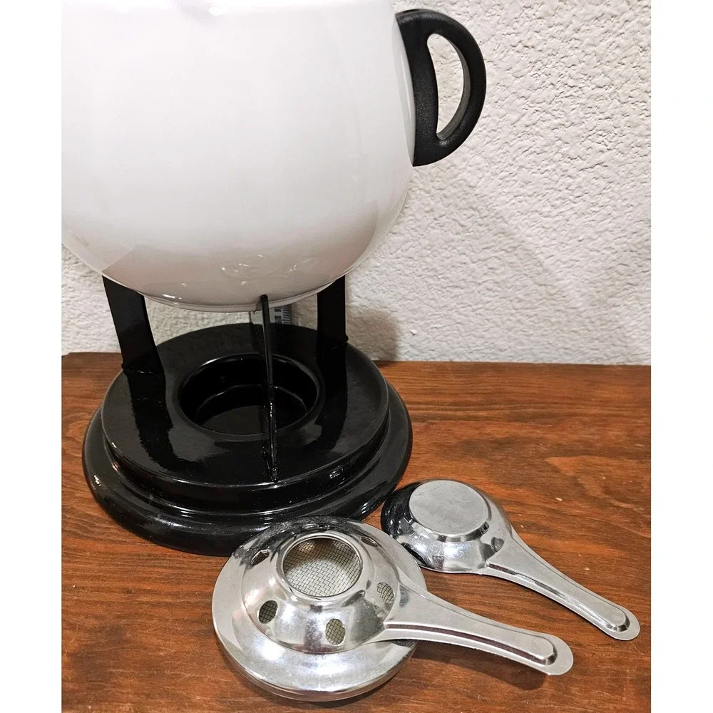 Vintage Roshco Enamel 10 Piece Fondue Set White Black Mid Century Retro Kitchen